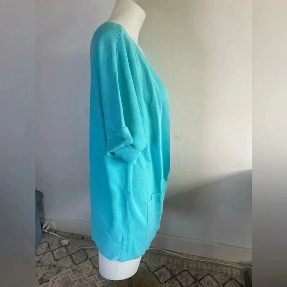 Talbots short sleeve open front cardigan duster Turquoise Blue Pockets LP 0059 - Picture 10 of 10